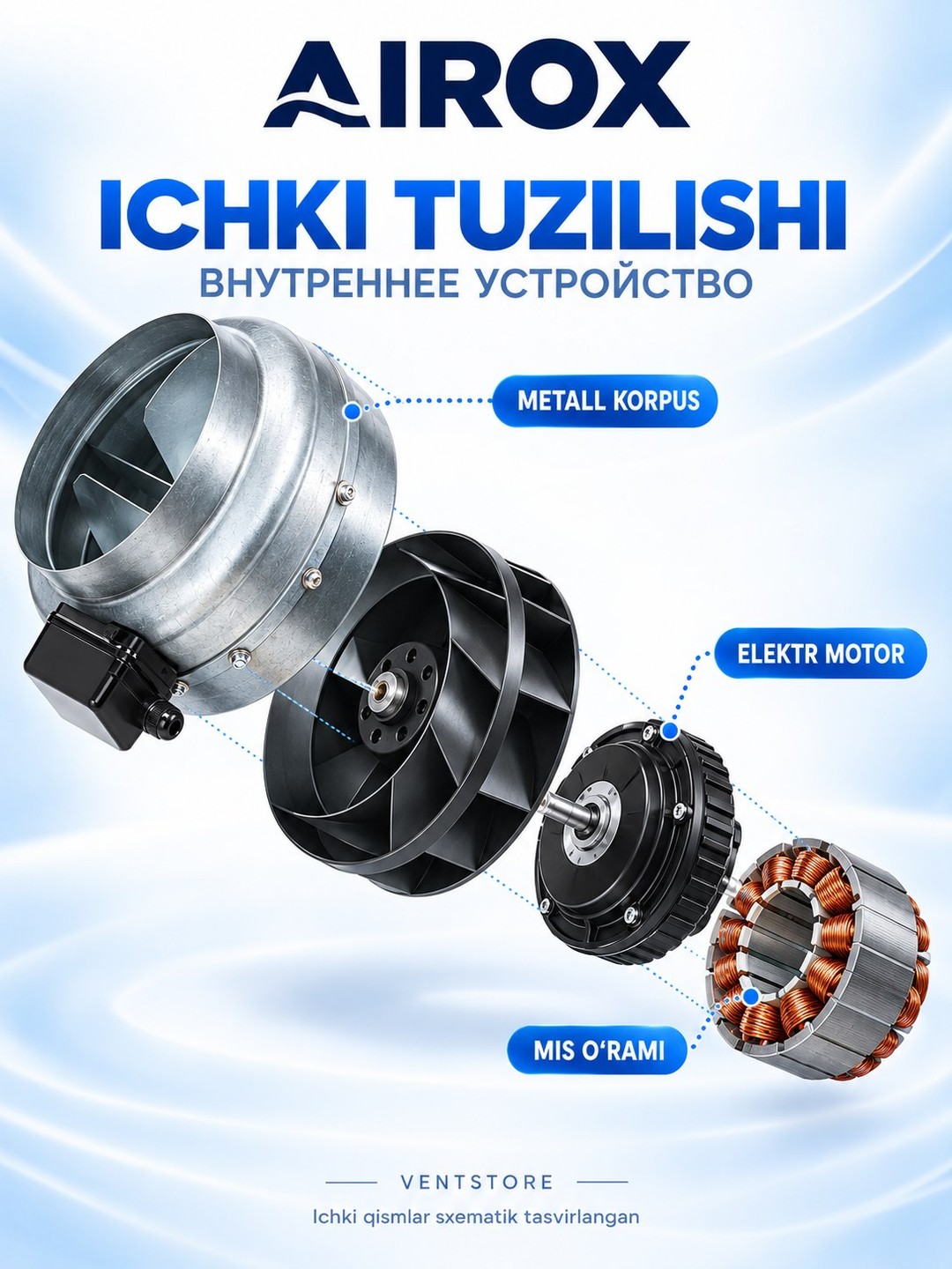 Kanal ventilyatori Airox CDR2E metall, 100–315 mm havo kanali uchun, 220 V