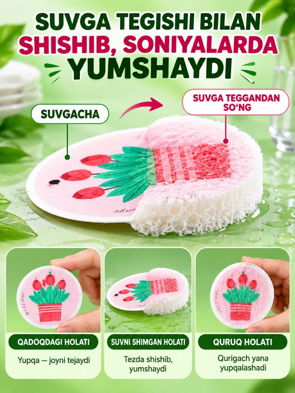 Sililyozali gubka, 3 ta dona 1 qadoqda, preslangan suv tekganda shishadi, yog' qoldirmaydi