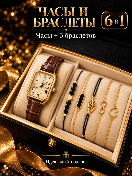 Подарочный набор из 6 предметов: женские часы и 5 браслетов — элегантное сочетание - 