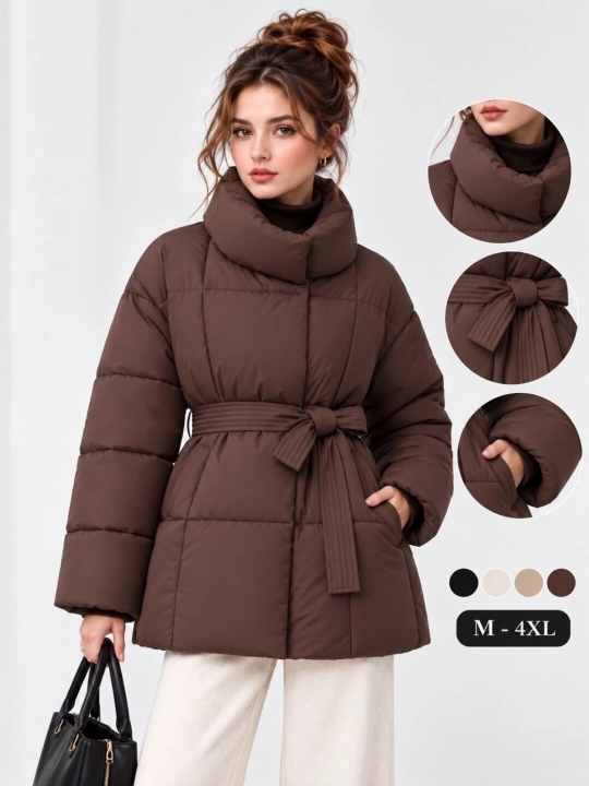 Ayollar uchun qalin qishki uzun kurtka, belbog‘li, M–4XL - 