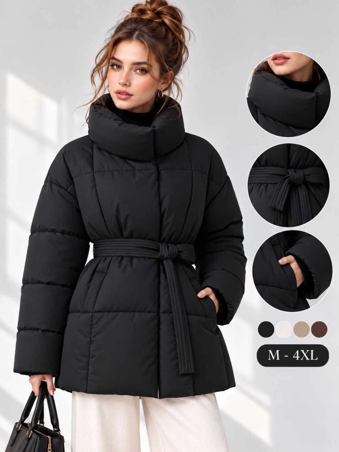 Женская зимняя длинная куртка до 4XL, теплая стеганая куртка с поясом - 