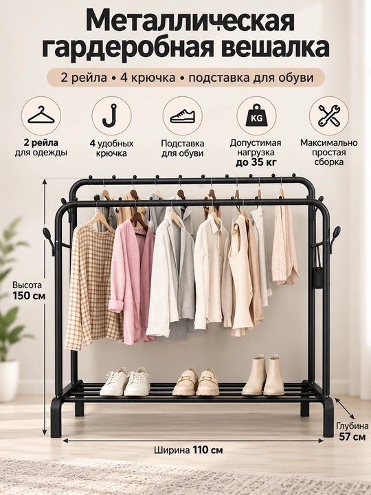 Вешалка стойка, напольная, на колесах, гардероб вешалка 85-140х150х38 - 