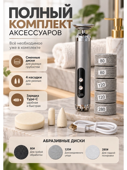 Электрическая пемза для ног, удаление натоптышей, 5 скоростей, 4 насадки