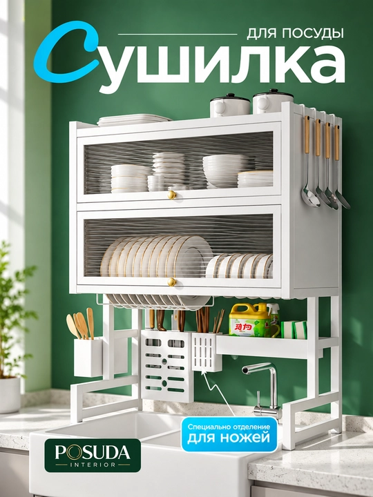 Сушилка для посуды металлическая 3-в-1, для кухни, над раковиной, многофункциональная