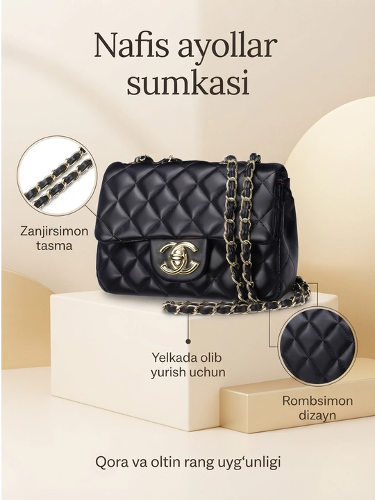 Ayollar uchun qora yelka sumkasi, zanjirsimon tasmali, rombsimon chanel dizayn