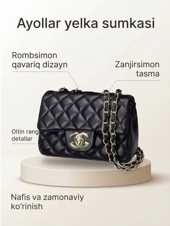 Ayollar uchun qora yelka sumkasi, zanjirsimon tasmali, rombsimon chanel dizayn