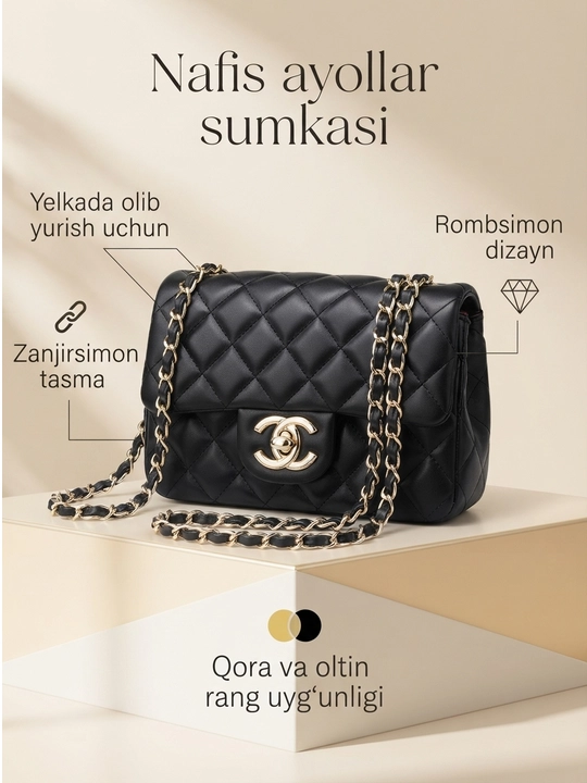 Ayollar uchun qora yelka sumkasi, zanjirsimon tasmali, rombsimon chanel dizayn