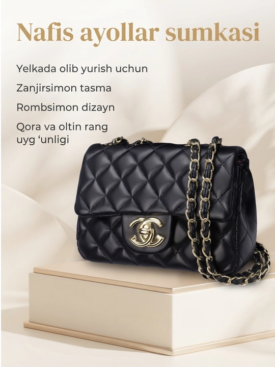 Ayollar uchun qora yelka sumkasi, zanjirsimon tasmali, rombsimon chanel dizayn