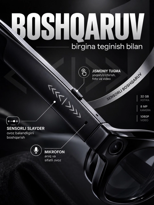 Смарт-очки CY01 с камерой, Bluetooth, музыкой, звонками и сенсорным управлением