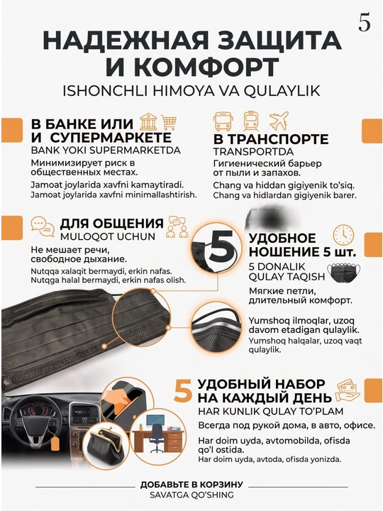 Маска медицинская clinic clean №5 шт. Одноразовая, трехслойная