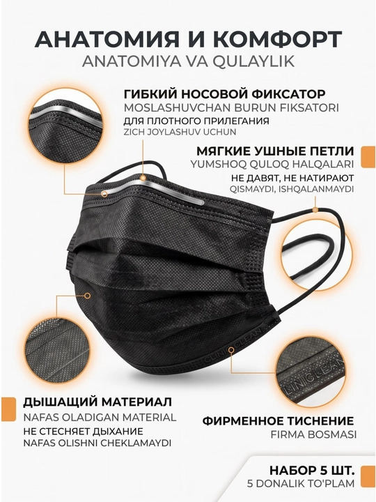 Маска медицинская clinic clean №5 шт. Одноразовая, трехслойная