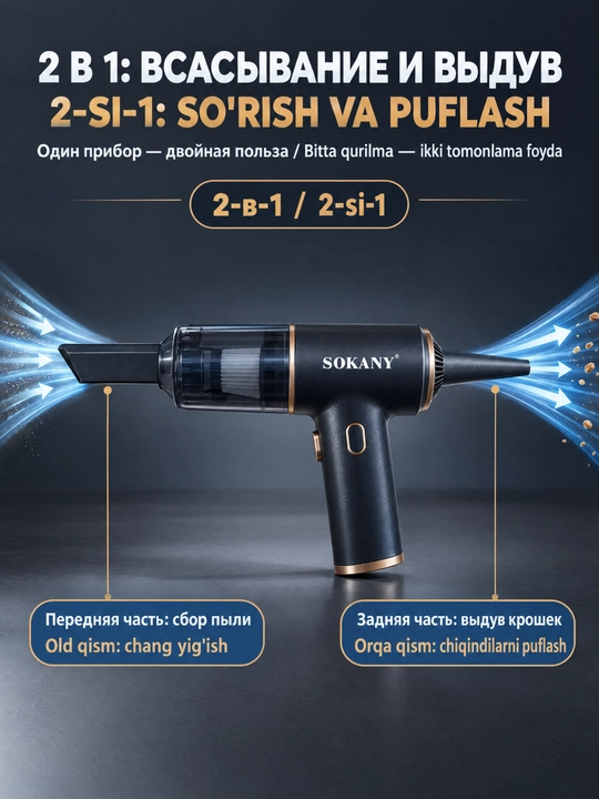 SOKANY SK-13094 simsiz qoʻl avtomobil changyutgich 2-in-1 soʻrish va puflash