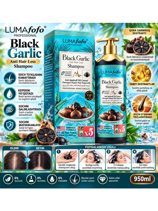 Qora sarimsoq ekstrakt bilan shampun konditsioner Black Garlic and Conditioner White Wolsy - 