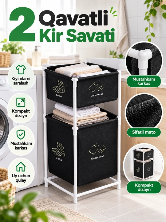 Kir yuvish savati organayzeri, yig'iladigan, matoli, hammom uchun, ko'p funktsiyali - 