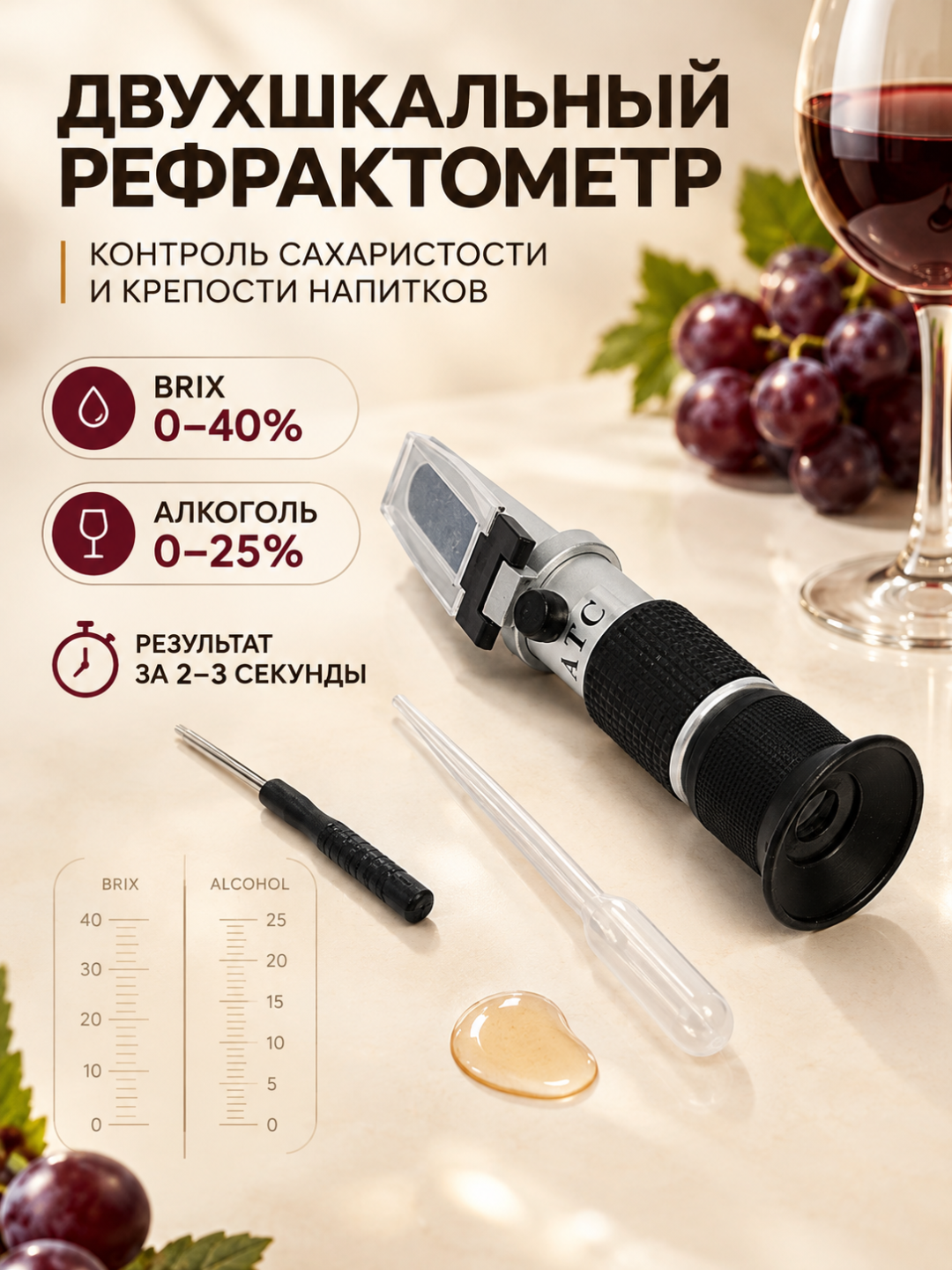 Рефрактометр Брикс 0-40%, спирт 0-25% - 
