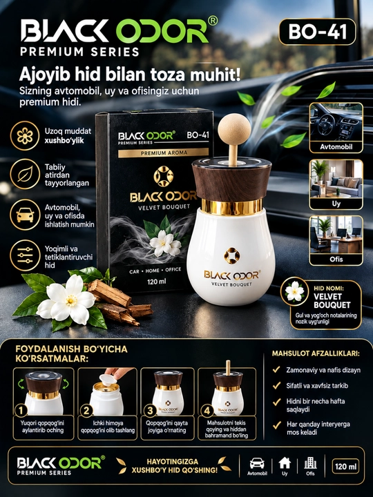 Avtomobil xushbo‘ylantirgichi BLACK ODOR — BO-41, 120 ml - 