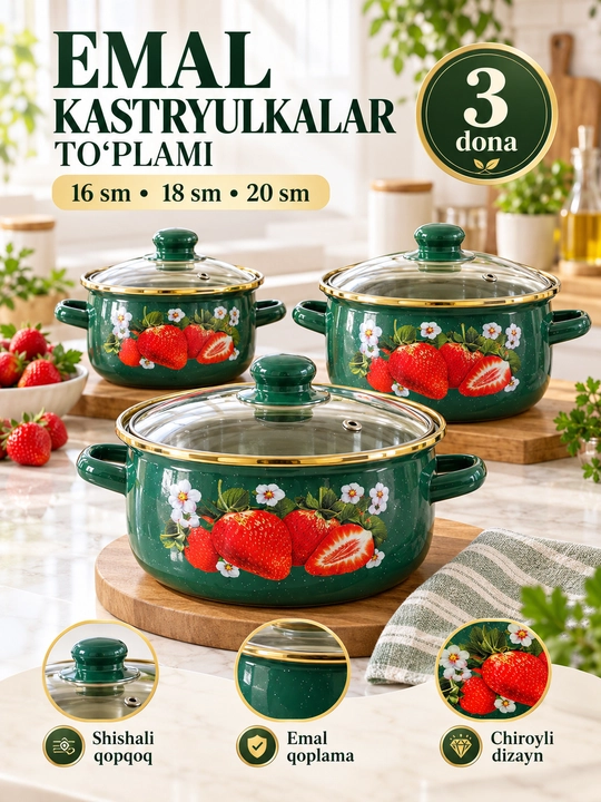 Emalli kastryulkalar to‘plami, qopqoqli 3 dona oshxona qozonlari