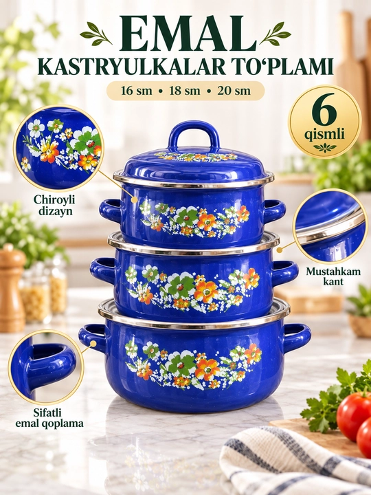 Набор эмалированных кастрюль с крышками, 3 штуки для кухни - 