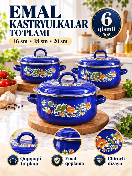 Emalli kastryulkalar to‘plami, qopqoqli 3 dona oshxona qozonlari