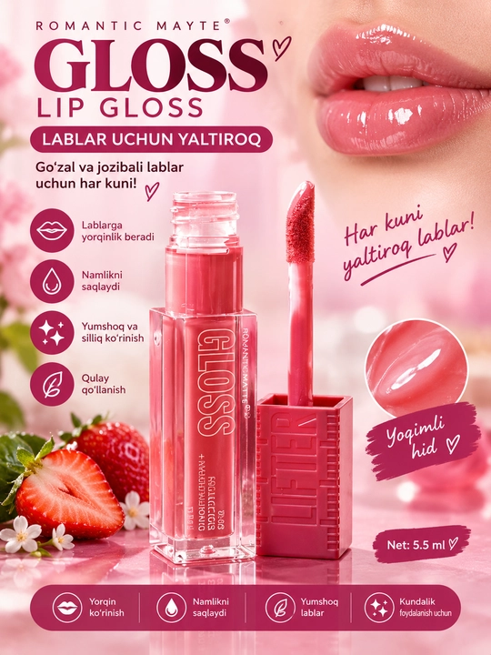 ROMANTIC MAYTE Gloss lab uchun yaltiroq lip gloss, 5.5 ml - 