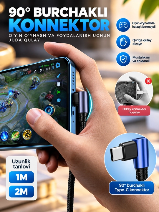 Кабель USB-A Lightning Type-C 90° для зарядки и передачи данных, прочный, 1м/2м