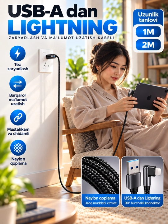 Кабель USB-A Lightning Type-C 90° для зарядки и передачи данных, прочный, 1м/2м