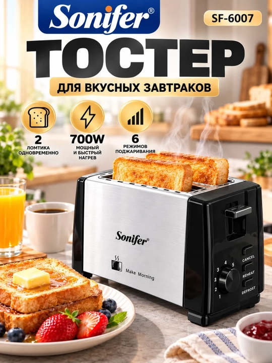 Тостер Sonifer SF-6007 тостер, на 2 ломтика, 600–700Вт - 