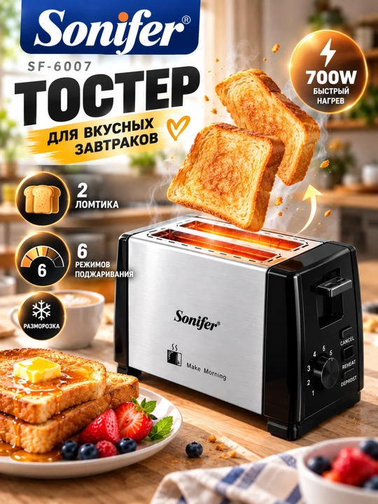 Тостер Sonifer SF-6007 тостер, на 2 ломтика, 600–700Вт