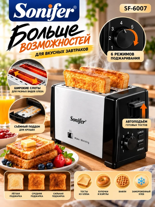 Тостер Sonifer SF-6007 тостер, на 2 ломтика, 600–700Вт