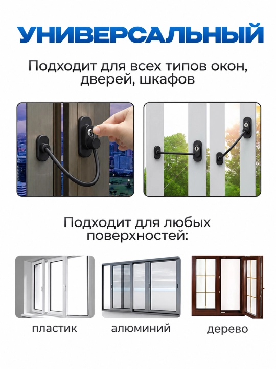 Замок блокиратор с тросом на окно для безопасности детей