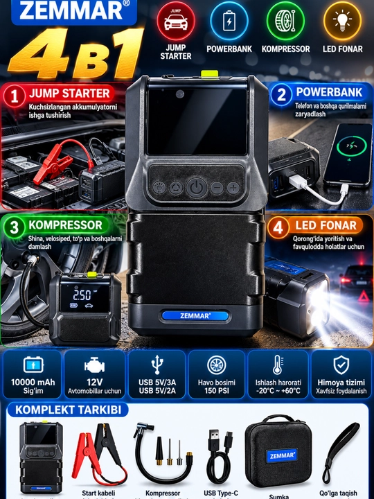 Starter,akumulyator zaryadlash,o't oldirish,Zavadlash,starter, Power Bank,Led fonar,