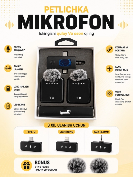 Simsiz petlichka mikrofon, kontent uchun mini mikrafon, tiniq ovoz, Type-C/Lightning