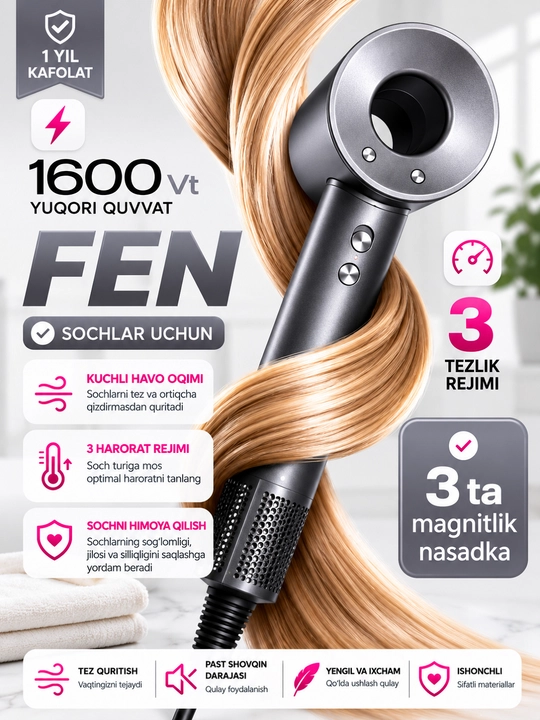 1600 Vt quvvatli professional fen, 3 xil tezlik, 4 xil isitish rejimi, 3 ta magnit nasadka