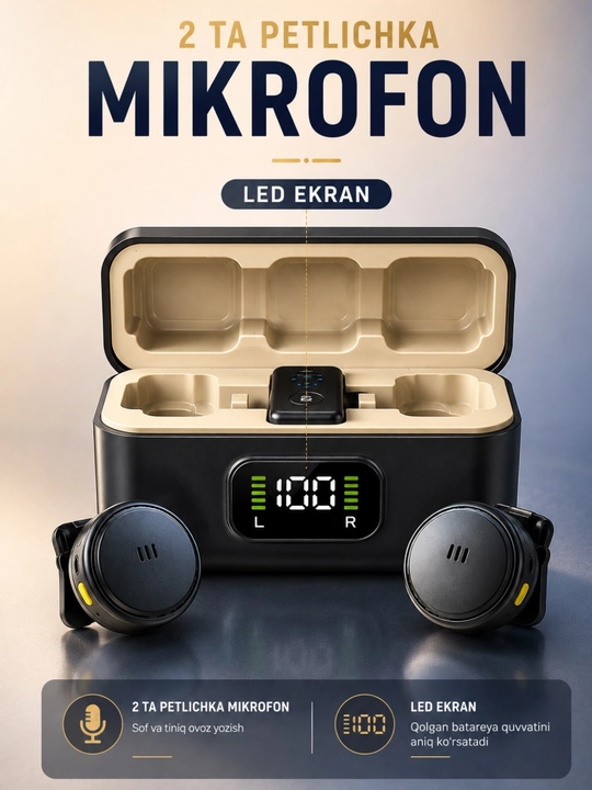 Simsiz petlichka mikrofon, kontent uchun mini mikrafon, tiniq ovoz, Type-C/Lightning