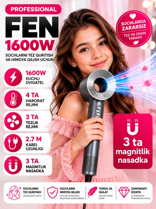 1600 Vt quvvatli professional fen, 3 xil tezlik, 4 xil isitish rejimi, 3 ta magnit nasadka
