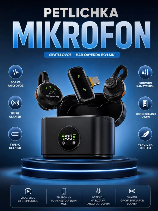 Simsiz petlichka mikrofon, kontent uchun mini mikrafon, tiniq ovoz, Type-C/Lightning - 