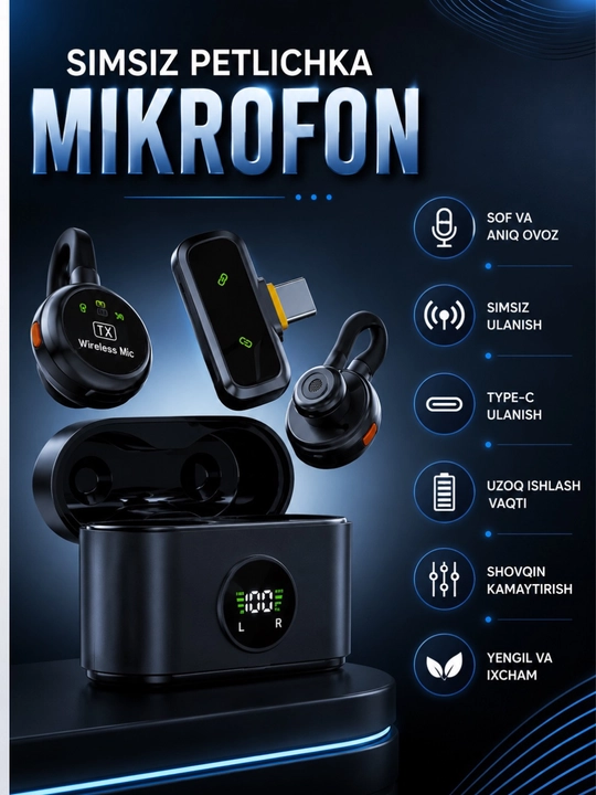 Simsiz petlichka mikrofon, kontent uchun mini mikrafon, tiniq ovoz, Type-C/Lightning