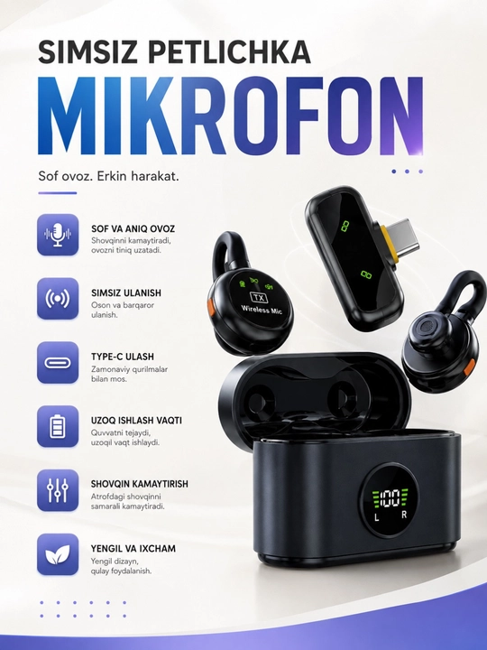 Simsiz petlichka mikrofon, kontent uchun mini mikrafon, tiniq ovoz, Type-C/Lightning