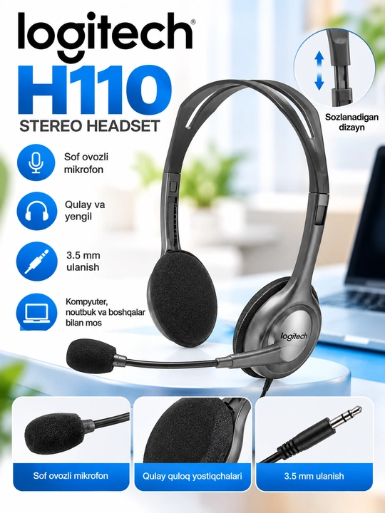 Проводная гарнитура Logitech H110 Stereo Headset с микрофоном 3.5 мм для дома и офиса - 