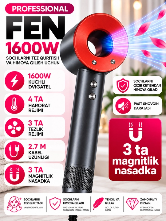 1600 Vt quvvatli professional fen, 3 xil tezlik, 4 xil isitish rejimi, 3 ta magnit nasadka