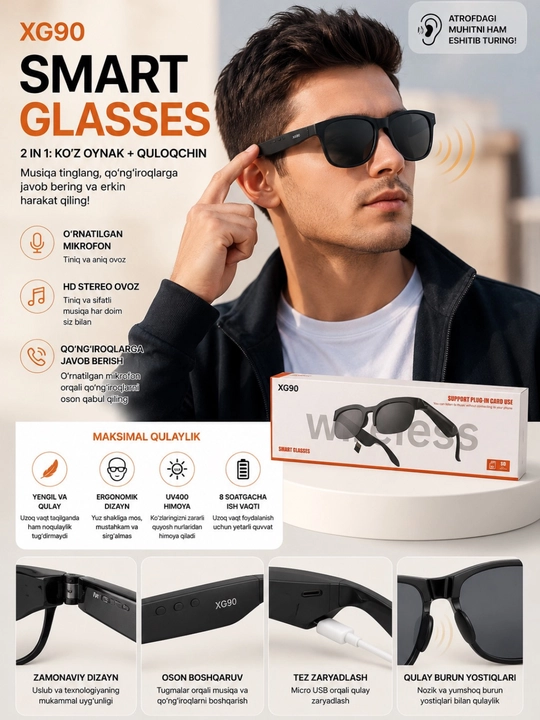 Smart ko‘zoynak Bluetooth, musiqa, qo‘ng‘iroqlar, ochiq dinamik va sensorli boshqaruv - 