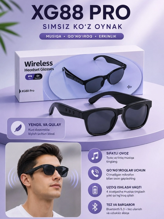 Smart ko‘zoynak Bluetooth, musiqa, qo‘ng‘iroqlar, ochiq dinamik va sensorli boshqaruv - 