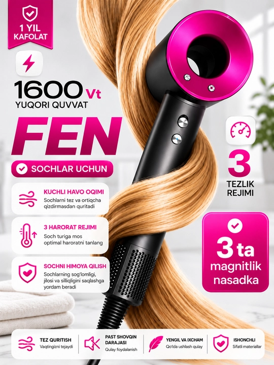 1600 Vt quvvatli professional fen, 3 xil tezlik, 4 xil isitish rejimi, 3 ta magnit nasadka