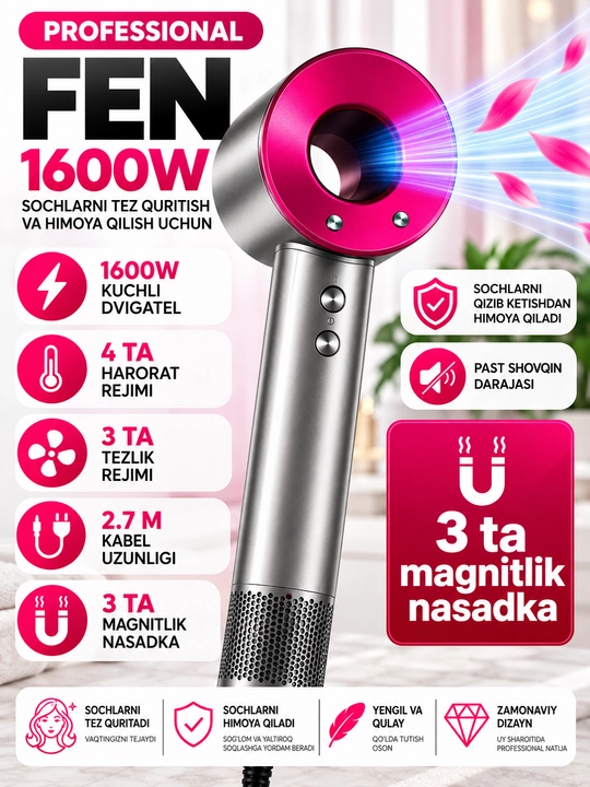 1600 Vt quvvatli professional fen, 3 xil tezlik, 4 xil isitish rejimi, 3 ta magnit nasadka