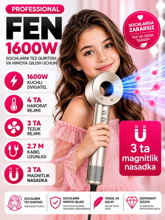 1600 Vt quvvatli professional fen, 3 xil tezlik, 4 xil isitish rejimi, 3 ta magnit nasadka