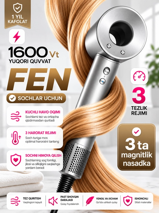 1600 Vt quvvatli professional fen, 3 xil tezlik, 4 xil isitish rejimi, 3 ta magnit nasadka