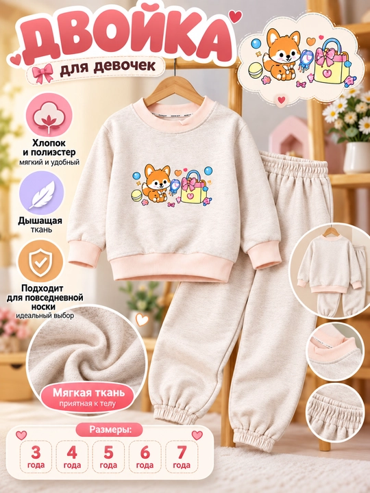 Детский костюм двойка для девочки 3–7 лет, мягкий, спортивный комплект - 
