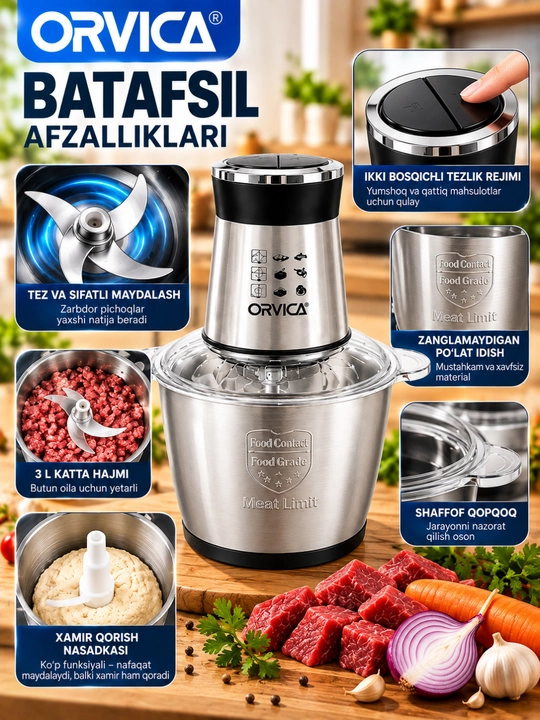 Elektr maydalagich ORVICA ORM-7912-3, oziq-ovqat maydalagichi, 2000W, 2L