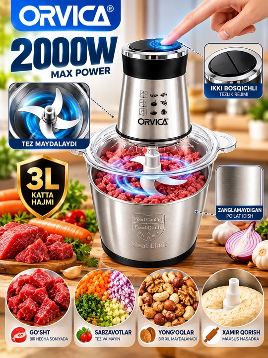 Elektr maydalagich ORVICA ORM-7912-3, oziq-ovqat maydalagichi, 2000W, 2L