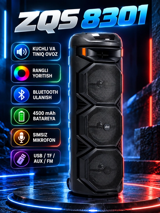 Kolonka, bluetooth simsiz portativ karnay, karaoke, RGB yoritgich va mikrofon, ZQS-8301 - 